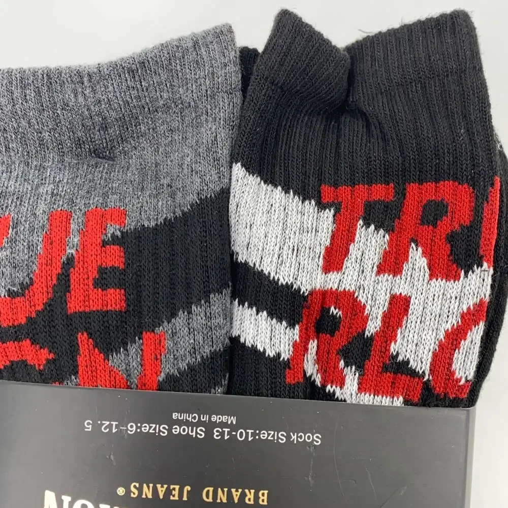 True Religion Horseshoe Logo Branded Crew Socks Black Gray Shoe Size 6-12.5 8pr